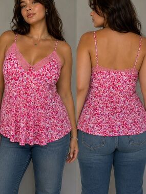 VTG 90’s Y2K Lingerie Top | Pink Floral Lace Cami Fairy Indie Sleaze Brat XL L
